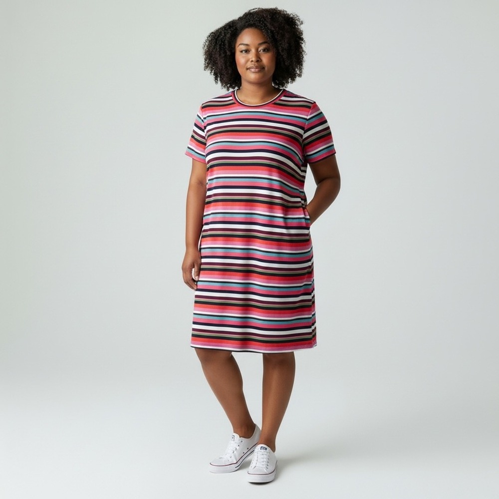 Cynthia Rowley Shift Dress Size 8 Multicolor Striped Short Sleeve Zip Back‎
